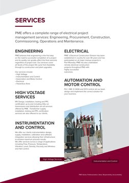 PME offers a complete range of electrical project
management services: Engineering, Procurement, Construction,
Commissioning,