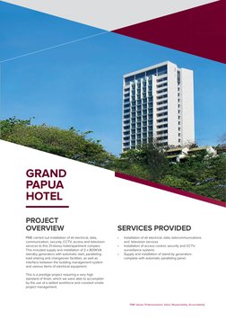 grand
papua
HoteL
PME carried out installation of all electrical, data, 
communication, security, CCTV, access and television