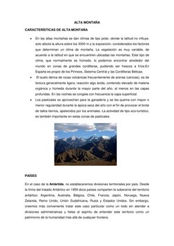 ALTA MONTAÑA 
CARACTERÍSTICAS DE ALTA MONTAÑA 
 
En las altas montañas se dan climas de tipo polar, donde la latitud no infl