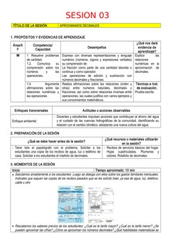 SESION 03
TÍTULO DE LA SESIÓN
APROXIMAMOS DECIMALES 
1. PROPÓSITOS Y EVIDENCIAS DE APRENDIZAJE
Área/A
F
Competencia/
Capacida