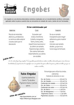 Engobes
Barbotina
Color
Fundente
Mezcla de materiales
plásticos y antiplasticos
su merma se debe adaptar
a la pieza para que