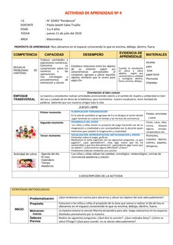 I.E. 
 
: N° 32493 “Pendencia”       
DOCENTE  
: Paola Janeth Salas Trujillo 
EDAD 
 
: 3 y 4 años 
         FECHA