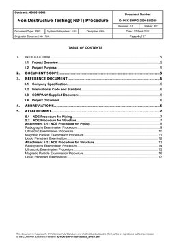 Contract : 4500010646
Document Number
Non Destructive Testing( NDT) Procedure
ID-PCK-SWPG-2009-520029
Revision: 0.1
Status :
