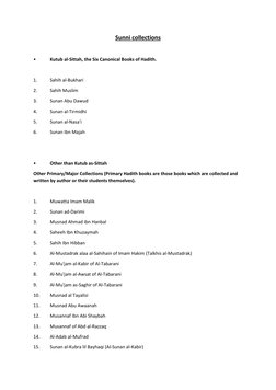 Sunni collections 
 
• 
Kutub al-Sittah, the Six Canonical Books of Hadith. 
 
1. 
Sahih al-Bukhari 
2. 
Sahih Muslim 
3. 
Su