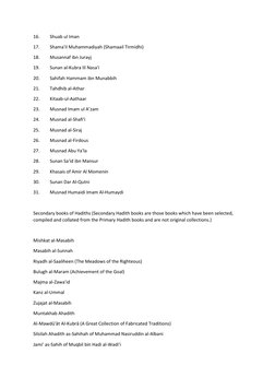 16. 
Shuab ul Iman 
17. 
Shama'il Muhammadiyah (Shamaail Tirmidhi) 
18. 
Musannaf ibn Jurayj 
19. 
Sunan al-Kubra lil Nasa'i
