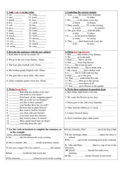 1. Add –s or -es to the verbs: 
1. see _________ 
14. wake________ 
2. take________            15. teach_______ 
3. brush____
