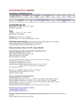 SLAB DESIGN FULL REPORT 
 
MATERIAL AND DESIGN DATA 
Code of Practice 
fcu (N/mm²) 
Ec, (N/mm²) 
fy (N/mm²) 
γc 
γs 
BS81