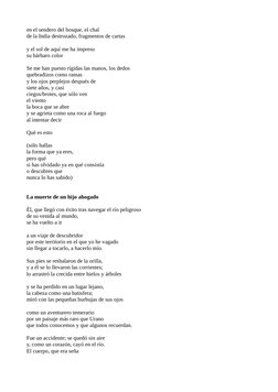 en el sendero del bosque, el chal
de la India destrozado, fragmentos de cartas
y el sol de aquí me ha impreso
su bárbaro colo