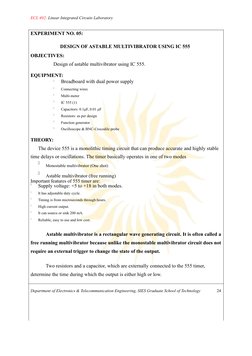 ECL 402: Linear Integrated Circuits Laboratory
EXPERIMENT NO. 05:
DESIGN OF ASTABLE MULTIVIBRATOR USING IC 555
OBJECTIVES:
De