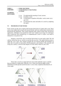 Mathematics-QS026 
Topic 1: Conics Sections-Lesson Plan 
 
TOPIC 1 
: CONIC SECTIONS 
SUBTOPIC 
: 1.1 Introduction to Con