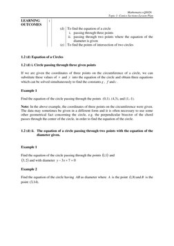 Mathematics-QS026 
Topic 1: Conics Sections-Lesson Plan 
 
 
 
1.2 (d) Equation of a Circles 
 
1.2 (d) i. Circle passing