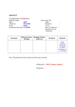 Form No.75
CALIBRATION of OTDR Meter
Reference Meter                                   
Meter under Test
Make
: JDSU
 
Make
: