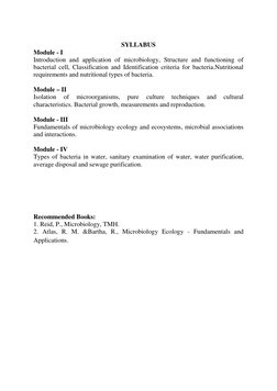 SYLLABUS
Module - I
Introduction and application of microbiology, Structure and functioning of
bacterial cell, Classification