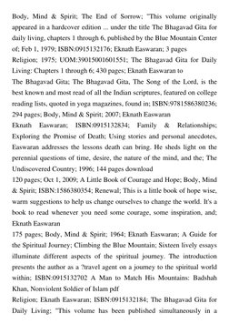 Body, Mind & Spirit; The End of Sorrow; "This volume originally
appeared in a hardcover edition ... under the title The Bhaga