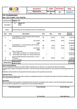 Quotation
CID#
AFTV-001
Date
Required for
31
5/5/2015
Room Acoustics & Sound Proofing
The Troubleshooters
Mob: 0321-5148907,