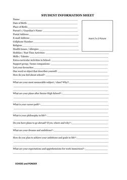 STUDENT INFORMATION SHEET 
Name: ______________________________________ 
Date of Birth: _________________________________ 
Pl