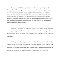 The project, entitled-“To analyze the current performance appraisal system of 
National Thermal Power Corporation Ltd.”,