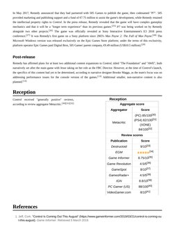 Aggregate score
Aggregator
Score
Metacritic (https://en.wikipedia.org/wiki/Metacritic)
(PC) 85/100[30] 
(PS4) 82/100[31] 
(XO