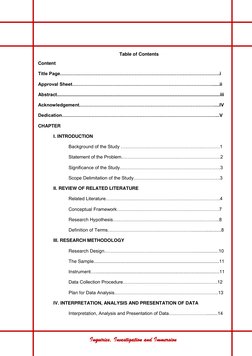 Inquiries, Investigation and Immersion 
 
Table of Contents 
Content 
Title Page………………………………………………………………………………………