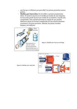 - 
que las que se obtienen por gravedad. Las piezas presentan menos 
grietas. 
- 
Moldeo por inyección: Es el moldeo a presió