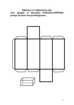  
8
PRISMA CUADRANGULAR:  
Este ejemplo se denomina PARALELEPÍPEDO 
porque las bases son paralelogramos. 
 
