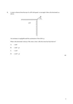 4 
 
5. 
A stone is thrown from the top of a cliff with speed v at an angle θ above the horizontal, as 
shown.