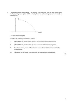 6 
 
7. 
Two identical metal spheres X and Y are released at the same time from the same height above 
the horizontal
