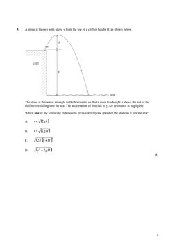 8 
 
9. 
A stone is thrown with speed v from the top of a cliff of height H, as shown below. 
 
 
The stone is thrown