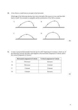 9 
 
10. 
A boy throws a small stone at an angle to the horizontal. 
 
Which one of the following sketches best shows