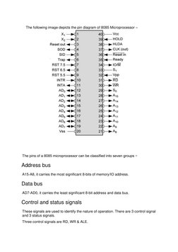 The following image depicts the pin diagram of 8085 Microprocessor –
 
 
 
The pins of a 8085 microprocessor can be classifie