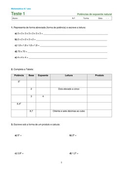 Matemática 6.º ano 
Teste 1 
 
Potências de expoente natural  
Aluno: 
 
N.º 
 
Turma 
 
Data 
   -   -   
 
1 
 
 
1. Repres