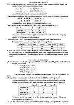 UNIT 1 TESTING  OF  HYPOTHESIS 
1.Two independent samples are chosen from two schools A and B and a common test is given in