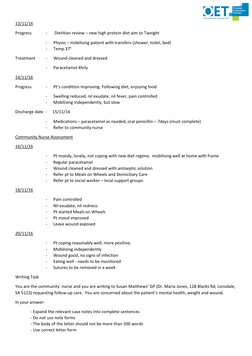 13/11/16 
Progress 
-       Dietitian review – new high protein diet aim to weight 
- 
Physio – mobilising patient with tr