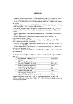 EJERCICIOS 
 
 
1.- Cuál será el goteo de Dextrosa al 5% en AD 1000cc H (1) + K (1), si la indicación es de  
 I-II- III/