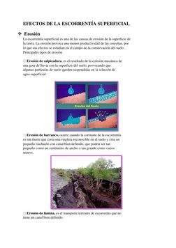 EFECTOS DE LA ESCORRENTÍA SUPERFICIAL 
 
  Erosión 
La escorrentía superficial es una de las causas de erosión de la superfi