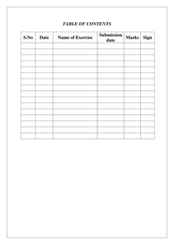 TABLE OF CONTENTS 
S.No 
Date 
Name of Exercise 
Submission 
date 
Marks Sign
