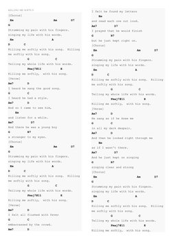 KILLING ME SOFTLY 
[Chorus] 
 Em                       Am        D7                       
G 
Strumming my pain with his fing