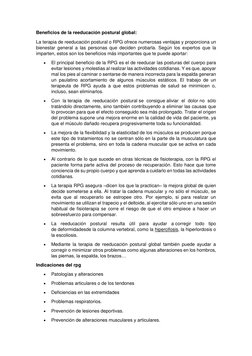 Beneficios de la reeducación postural global: 
La terapia de reeducación postural o RPG ofrece numerosas ventajas y proporcio