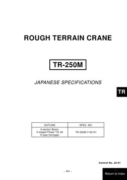 －411 －
Control No. JA-01
ROUGH TERRAIN CRANE
TR-250M
JAPANESE SPECIFICATIONS
OUTLINE
SPEC. NO.
4-section Boom, 
2-staged Powe