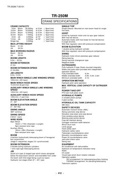 CRANE CAPACITY
9.5m
Boom
25,000kg
at 3.5m
(  8part-line)
16.5m 
Boom
19,000kg
at 4.0m
(  6part-line)
23.5m
Boom
12,500kg
at 5