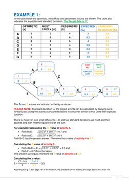 2 
EXAMPLE 1:  
In the table below the optimistic, most likely and pessimistic values are shown. The table also 
indicates