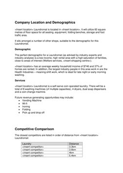 Company Location and Demographics 
 
<Insert location> Laundromat is located in <Insert location>. It will utilize 60 squ