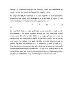 debida a la carga transmitida por las partículas sólidas de la estructura del 
suelo, y la otra, una presión del fluido en lo
