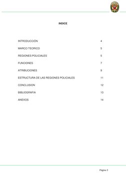Página 3 
 
 
INDICE 
 
 
 
INTRODUCCIÓN 
 
 
 
 
 
 
 
 
4 
MARCO TEORICO  
 
 
 
 
 
 
 
5 
REGIONES POLICIALES