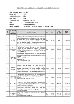 ESTIMATE FOR SINGLE CELL RCC BOX CULVERT 2M x 2M SIZE WITH CUSHION
Clear Opening of Culvert  :  2m x 2m  
Nos. of Cell