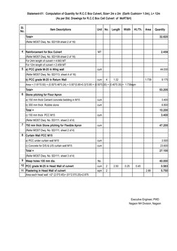 Statement-01:  Computation of Quantity for R.C.C Box Culvert, Size= 2m x 2m  (Earth Cushion= 1.0m), L= 12m
(As per Std. Drawi