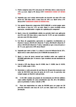 1. Pedro comprou uma LTN com prazo de 589 dias úteis a uma taxa de 
13% a.a over. Qual o PU dessa LTN? EXERCICIO CURSO LIT RE