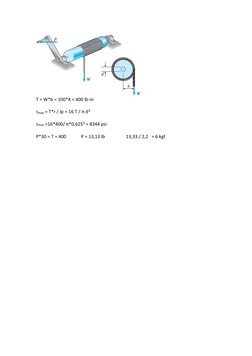 T = W*b = 100*4 = 400 lb-in 
 
τmax = T*r / Ip = 16 T / π d3 
  
τmax =16*400/ π*0,6253 = 8344 psi 
 
P*30 = T = 400 
P = 1