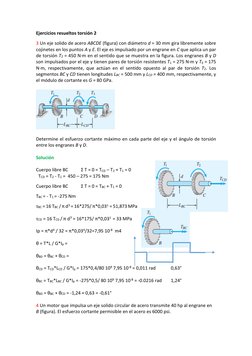 Ejercicios resueltos torsión 2 
3 Un eje solido de acero ABCDE (figura) con diámetro d = 30 mm gira libremente sobre 
cojinet