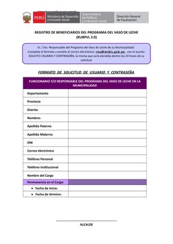 DIRECCIÓN DE DISEÑO DE FOCALIZACIÓN
REGISTRO DE BENEFICIARIOS DEL PROGRAMA DEL VASO DE LECHE
(RUBPVL 2.0)
FORMATO  DE  SOLICI